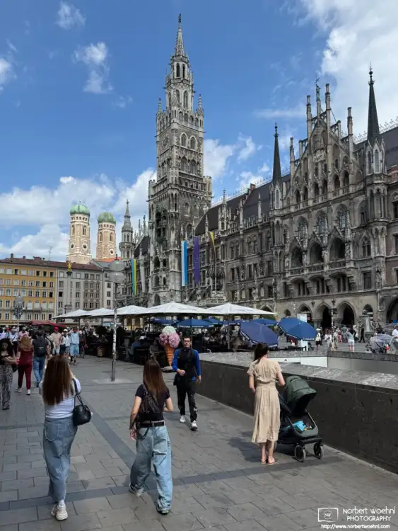 Marienplatz in the city center of Munich, Germany, is where all visitors pass through. It affords great views of the New Town Hall and of Frauenkirche church.