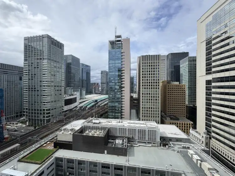 View towards Tokyo Station from the 18th floor of an office in the Otemachi area of Tokyo, Japan.