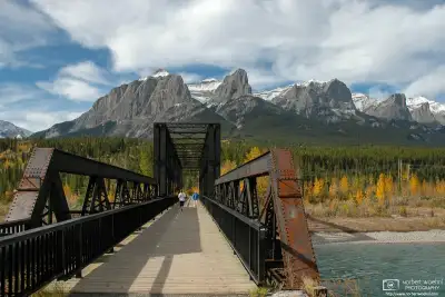 View across the old Canmore Engine Bridge (former CPR bridge) in Canmore, Alberta, Canada.