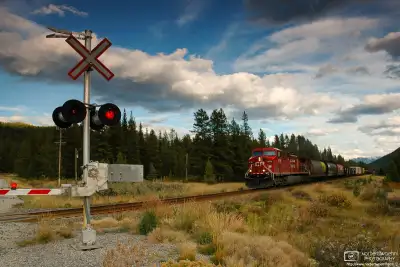 A CPR freight train is arriving at a railway crossing in Banff National Park, Alberta, Canada.