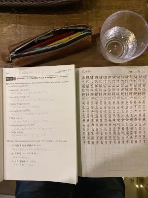 Japanese grammar and Kanji practice at Cafe de Cuore in the Maenocho area of Itabashi Ward in Tokyo, Japan.