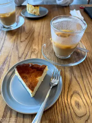 Cheesecake and iced caffe latte at Hoteiya Sandwich Stand in Hakodate, Japan.