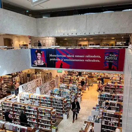 Interior photo of Akateeminen Kirjakauppa, the Academic Bookstore in Helsinki, Finland. The building was designed by renowned Finnish architect Alvar Aalto.