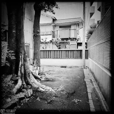 Monochrome photo of a quiet backstreet scene in the Itabashi Ward of Tokyo, Japan.