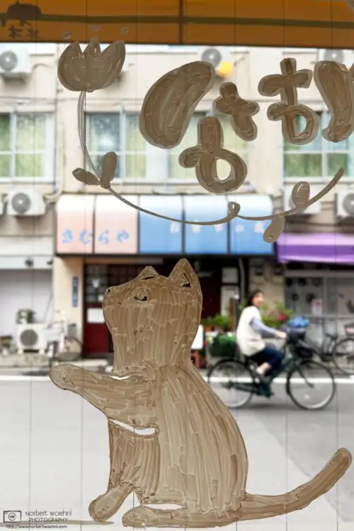 Through a window painted with a cat silhouette, we are looking at a suburban street in Itabashi, Tokyo, with a bicycle passing in front of an old restaurant.
