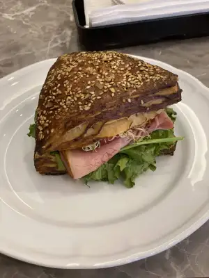 Pretzel sandwich at Cafe Teeblatt in Gotanda, Tokyo, Japan.