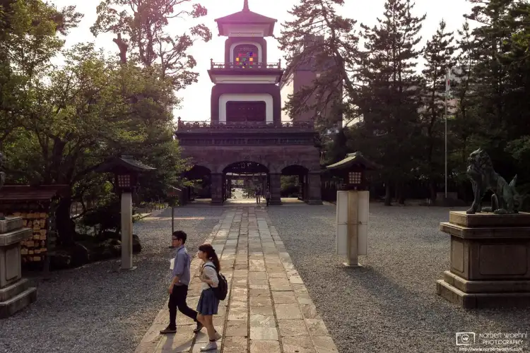 The distinctive main gate of Oyama Shrine in Kanazawa, Ishikawa Prefecture, as seen from the inner yard of the shrine's premises.
