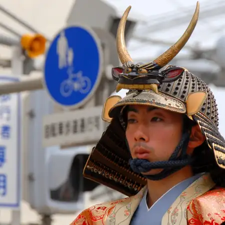 A participant is seen wearing a period costume at the annual Musha Gyoretsu Warrior Parade in Matsue, Shimane Prefecture, Japan.