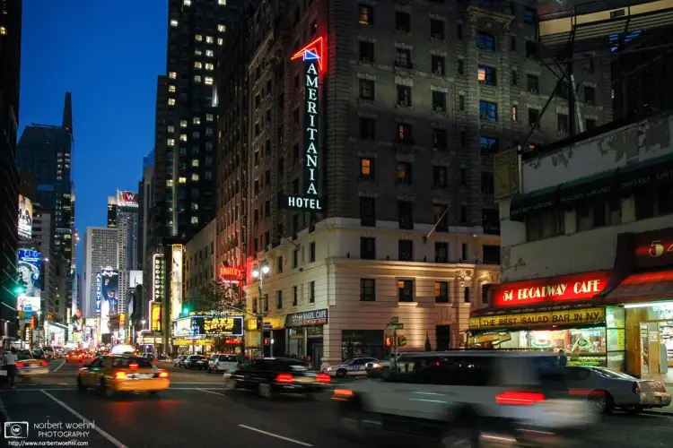 A photo taken in 2005 between 54th and 55th Streets on Broadway in New York City. I stayed at the Ameritania Hotel, and David Letterman still did his show at the adjacent Ed Sullivan Theater.