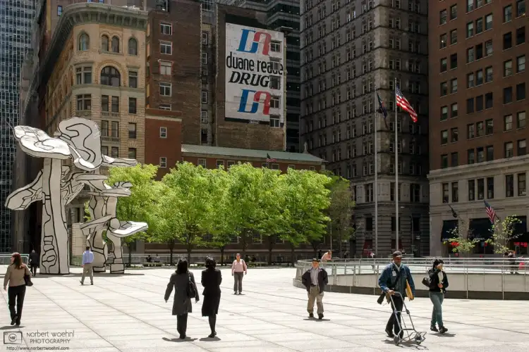 The Groupe de quatre arbres sculpture by Jean Dubuffet at 28 Liberty Street in the Financial District of lower Manhattan, New York.