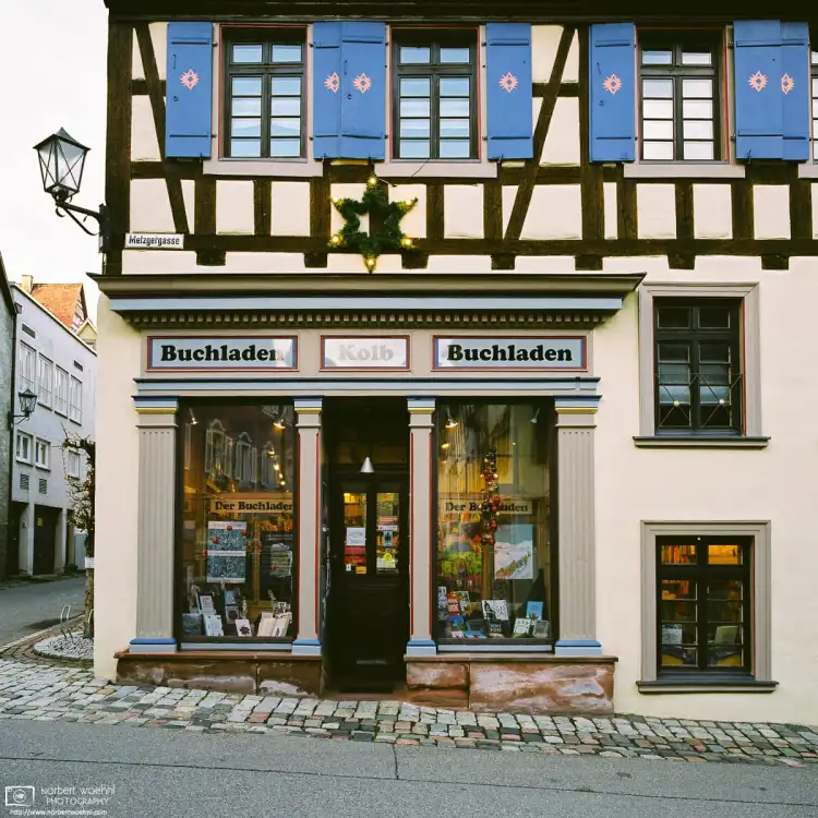 Exterior of a small local bookstore in the town of Rottweil, Germany.