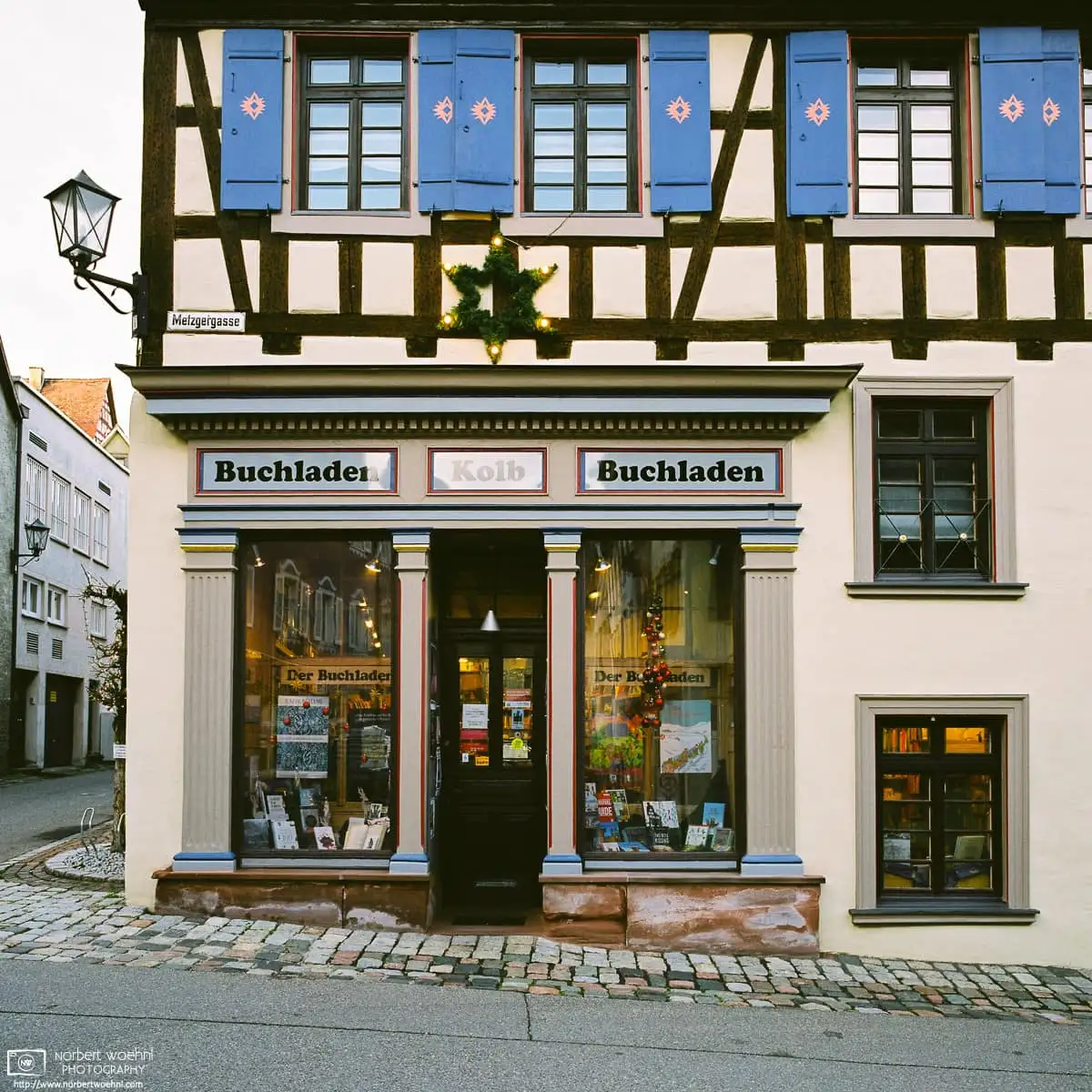 Exterior of a small local bookstore in the town of Rottweil, Germany.