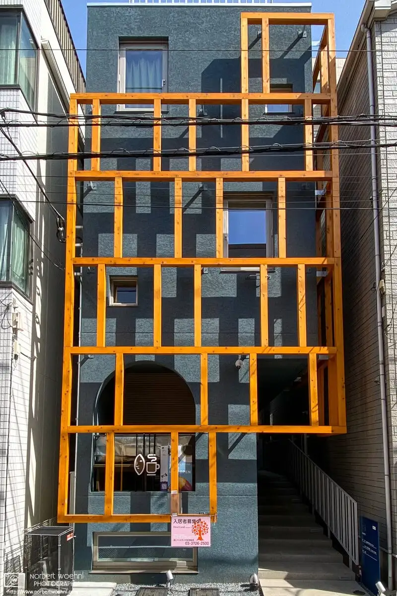 Architectural detail on a new building in the Okusawa area of Setagaya Ward in Tokyo, Japan.