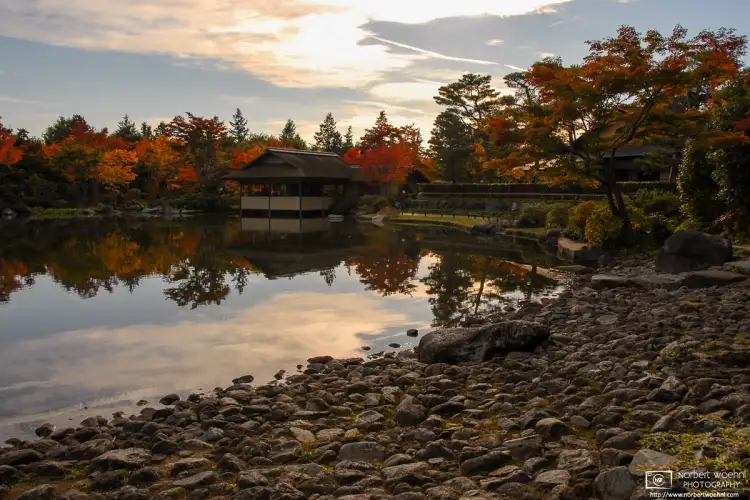 A quiet autumn afternoon scene along a pond at Showa Memorial Park in Tachikawa, Japan. The beautiful park is located 30 minutes west of Central Tokyo by train.