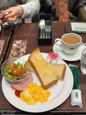 I had the Toast and scrambled egg set with an additional side of strawberry jam from the morning menu at a Coffee-Kan coffee shop in the Itabashi Ward of Tokyo, Japan.