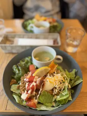 Taco rice and vegetable potage soup at Akabane Cafe にじいろのひつじ in Tokyo, Japan.