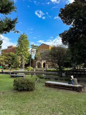 People on the western campus of Hitotsubashi University in Kunitachi, Tokyo, Japan.