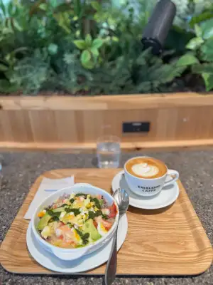 Main lunch course: Perilla leaf, shrimp, avocado and mentaiko doria, hot caffe latte