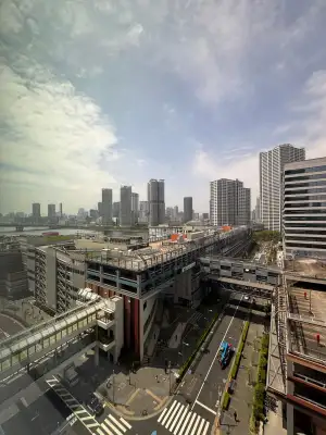 View out of an office window in the Toyosu area of Tokyo, Japan. (Clear Day Version)