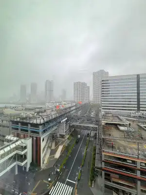 View out of an office window in the Toyosu area of Tokyo, Japan. (Rainy Day Version)