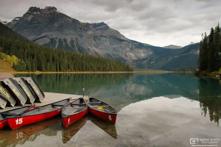 View of Emerald Lake at Yoho National Park in the Canadian Rockies, as seen from the canoe rental pier.