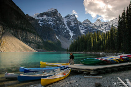 A late-afternoon scene near the canoe rental at Moraine Lake in Banff National Park in the Canadian Rockies.