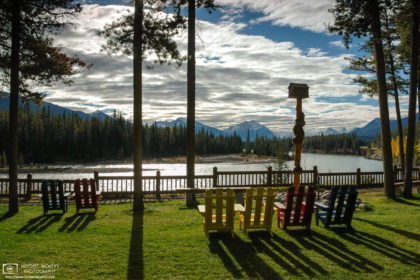 Deck Chairs facing the Athabasca River in Jasper National Park, Alberta, Canada.