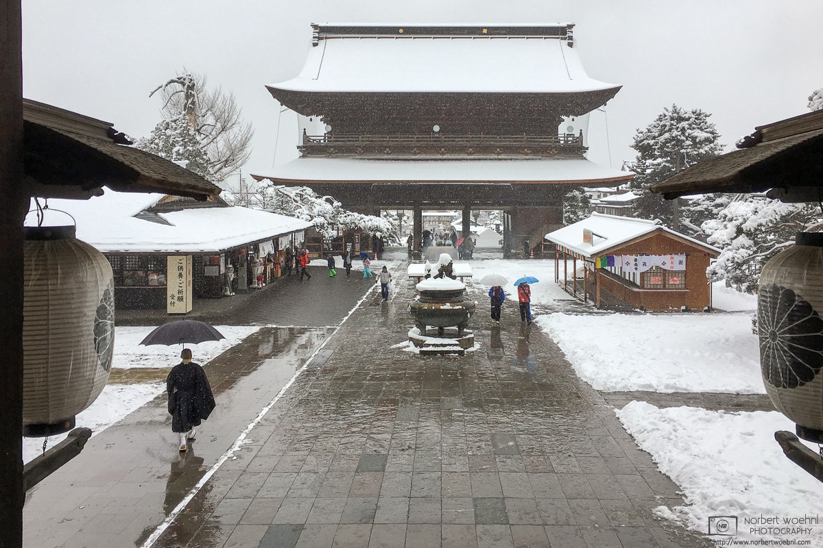 View from the Main Hall of Zenkōji Temple in Nagano, Japan, during a winter-day visit.