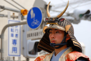 A participant is seen wearing a period costume during the annual Musha Gyoretsu Warrior Parade in Matsue, the capital of Shimane Prefecture in Japan.