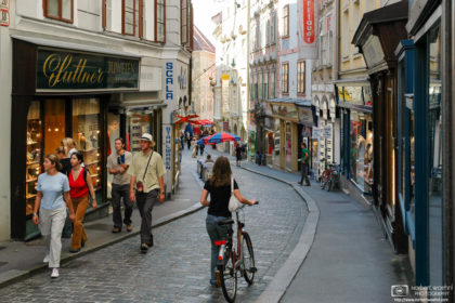 A scene from Sporgasse, the oldest street in the city of Graz, Austria.