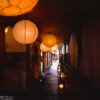 Lamps illuminate a corridor of a building with small shops in the Naramachi district of Nara, Japan.