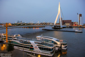 Evening mood at Erasmusbrug (Erasmus Bridge) in Rotterdam, The Netherlands.