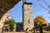 A view of the 28-meter Bergfried (fighting tower) at the inner yard of Hohenbeilstein Castle in Southwestern Germany.