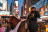 A policeman is seen navigating early-evening traffic on top of a horse on Times Square in New York City, USA.