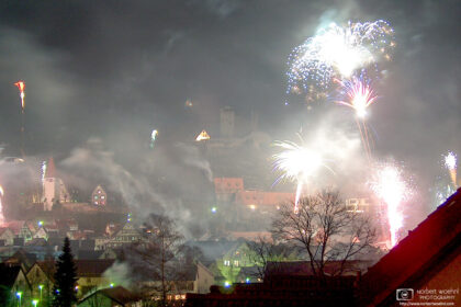 The 2004 New Year's fireworks in the historic small town of Beilstein in southwestern Germany.