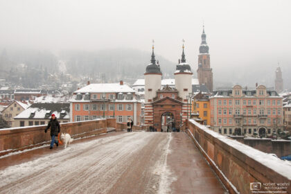 Walking the dog on a cold winter day at Alte Brücke (Old Bridge) in Heidelberg, Germany.