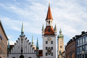 Spires of the Old Town Hall and Heilig-Geist-Kirche (Church of the Holy Spirit) in Munich, Germany.