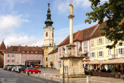 A view across the Hauptplatz (Main Square) of Bad Radkersburg in southern Styria, Austria.