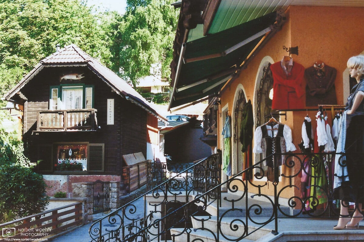 A local shop displaying a selection of traditional clothes in Sankt Wolfgang im Salzkammergut, Austria.