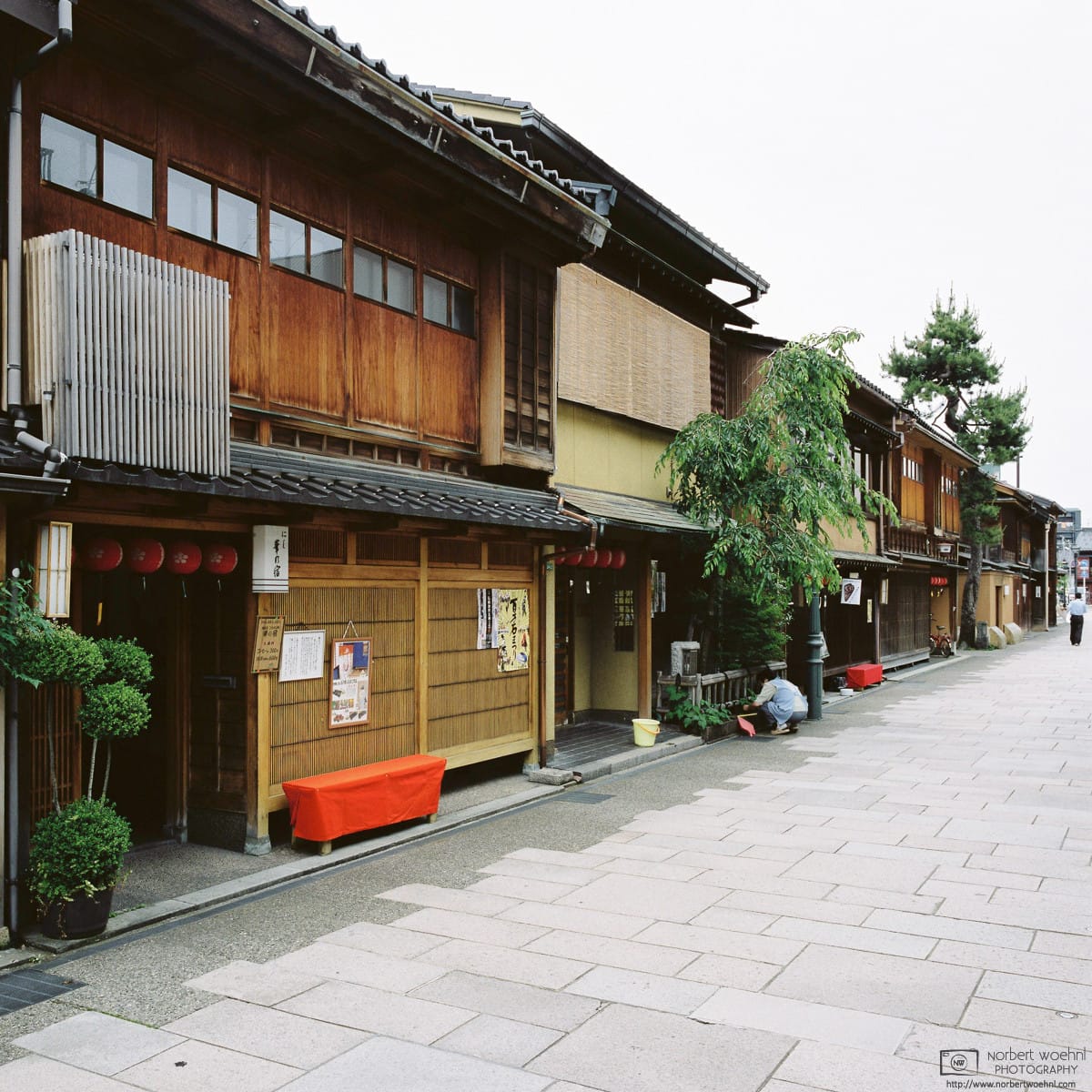 View along a line of historic buildings in the Nishi Chayagai (西茶屋街) district of Kanazawa in Ishikawa Prefecture, Japan.