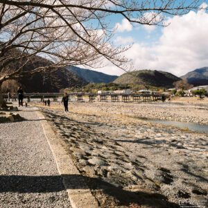 A view along Katsura River in Arashiyama, Kyoto, Japan. Togetsukyo Bridge is visible in the background.