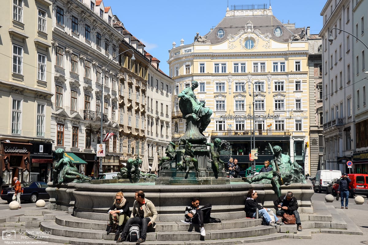 Donnerbrunnen (Donner Fountain) on Neuer Markt in the historic city center of Vienna, Austria, was built from 1737 to 1739.