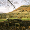 This bench at a picnic area offers a pleasant view of Hohenneuffen Castle in southwestern Germany.