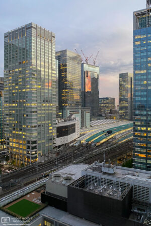 View from an office window in the Otemachi area of Tokyo, Japan. Tokyo Station is visible in the center.