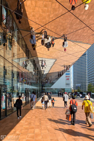 Window and ceiling reflections at Ariake Garden, a shopping complex in Tokyo Bay, Japan.